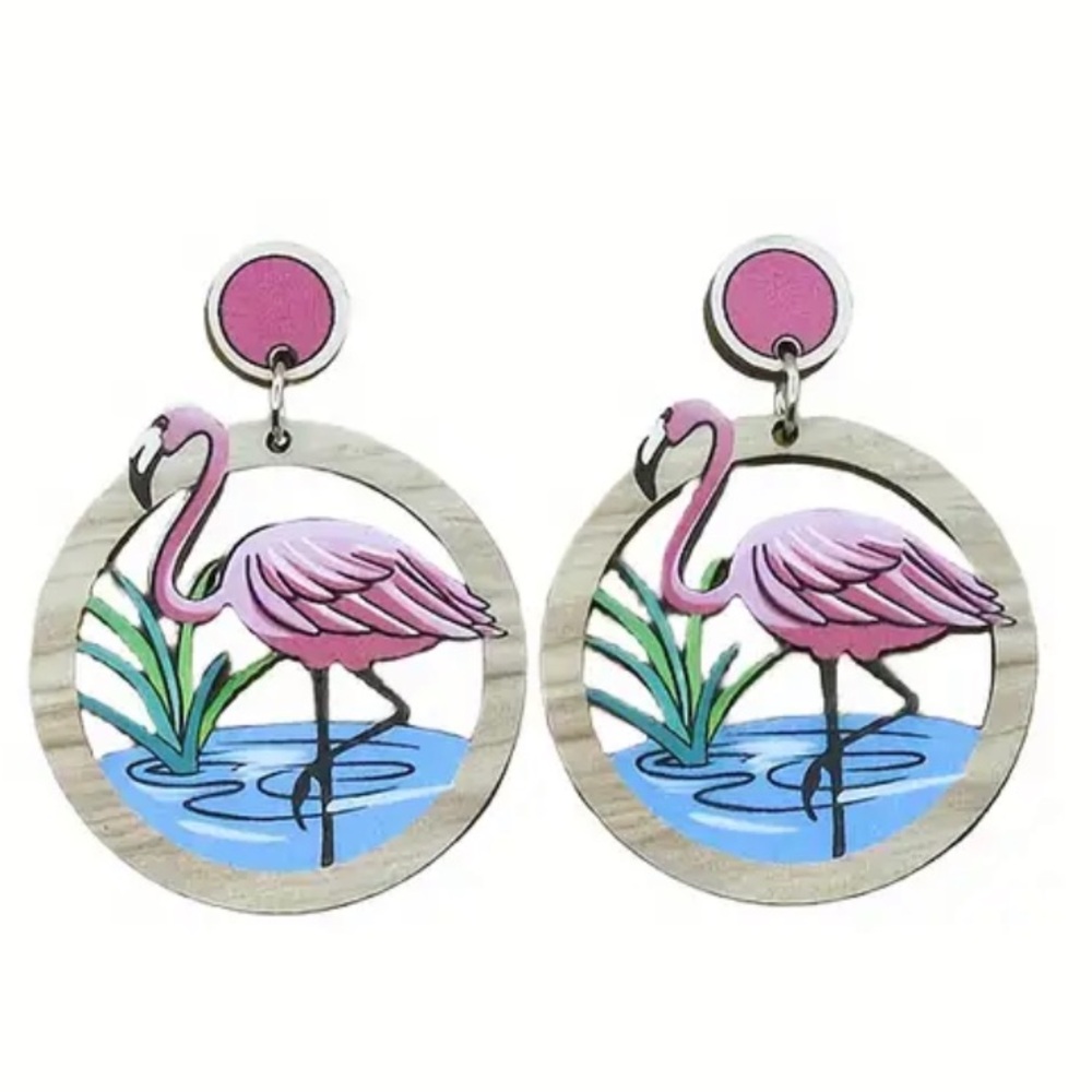 Pink Flamingo Dangle Wooden Laser Cut Post Earrings - Picture 2 of 5